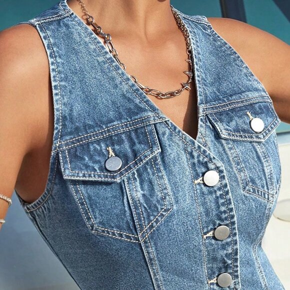 Denim Vest Tops, Y2K Sleeveless Denim Vest With Flap Pockets, Retro Summer Tops - Picture 4 of 7